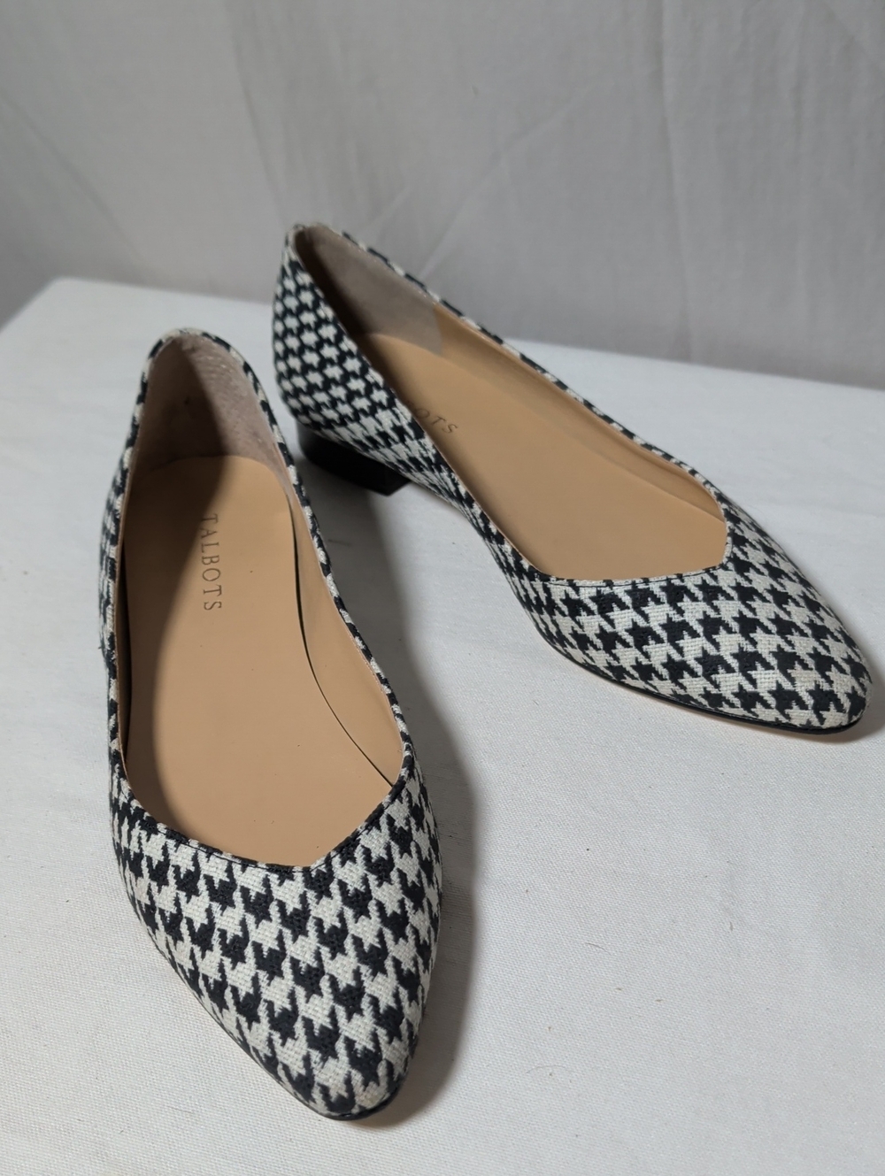 Talbots Black and White Houndstooth Pointed-Toe Flats with Low Heel